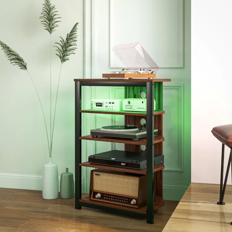 HOMCOM 4-Tier Corner TV Stand with Storage, LED Lights, Cable Management, Small Entertainment Centre for TVs up to 29", for Living Room, Bedroom, Brown Wood Effect