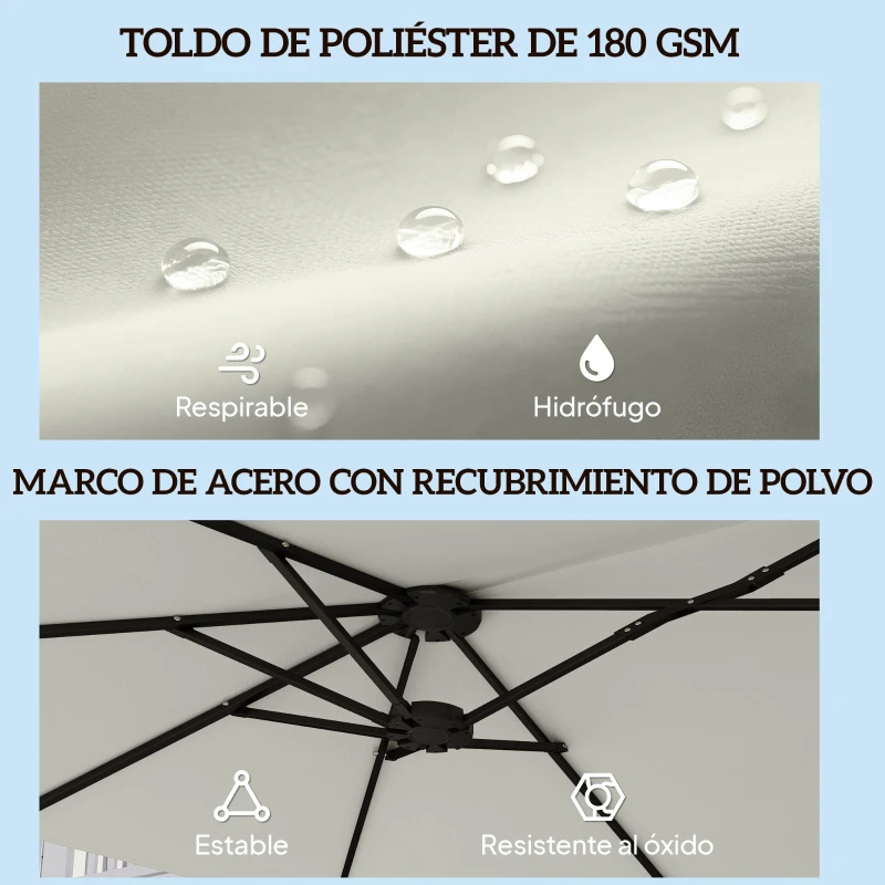 Outsunny Sombrilla Doble de Jardín 4,6x2,6 m con Manivela Manual Protección UV50+ Funda Resistente al Agua Blanco Crema