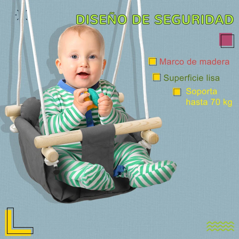AIYAPLAY Columpio para Bebé con Altura Ajustable para Niños de 9-36 Meses 40x40x110-180 cm Gris y Madera