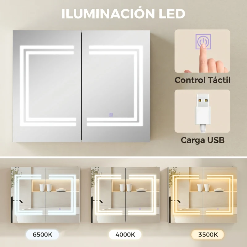 kleankin Armário Casa de Banho com Espelho e Luz LED Interruptor Tátil e Cor da Luz Ajustável 80x15x65 cm Branco Brilhante