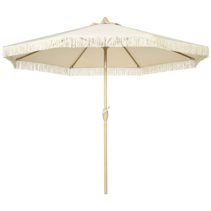 Outsunny Sombrilla de Jardín Ø265x244 cm con Manivela Manual Ángulo Ajustable y Flecos de Estilo Boho para Terraza Piscina Crema