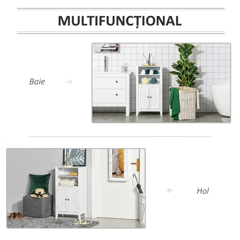 Kleankin Dulpa pentru Baie cu Rafturi Reglabile si 2 Usi din Lemn, Alb 50x30x93cm(m-4)