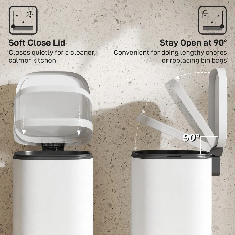 HOMCOM 30L Kitchen Bin, Compact Pedal Bin with Soft-Close and Stay-Open Lid, Removable Bucket for Kitchen, Home, Office, Cream