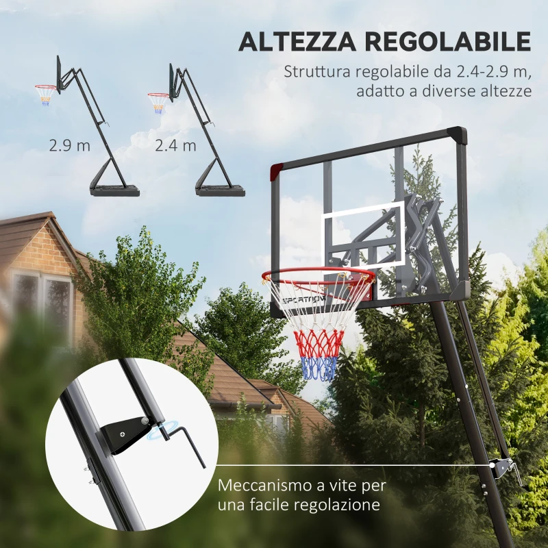 SPORTNOW Canestro Basket in Acciaio, Regolabile in Altezza e portatile con Tabellone e Ruote, 107x70cm, Nero e rosso