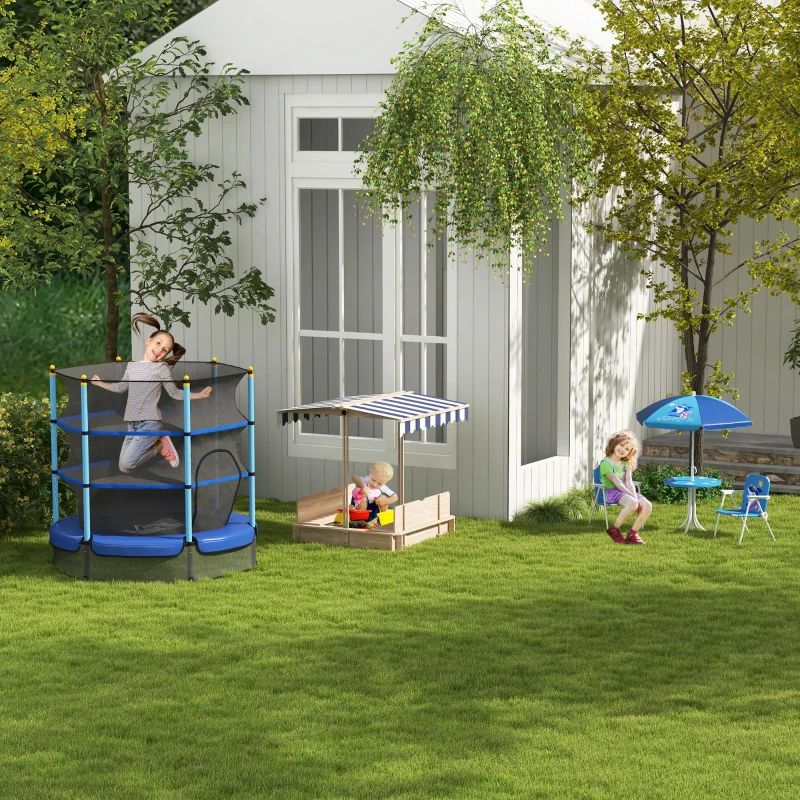 Outsunny Tavolo e Sedie per Bambini da Giardino con Ombrellone Regolabile, Set 4 Pezzi, Età 3-6 Anni, Blu