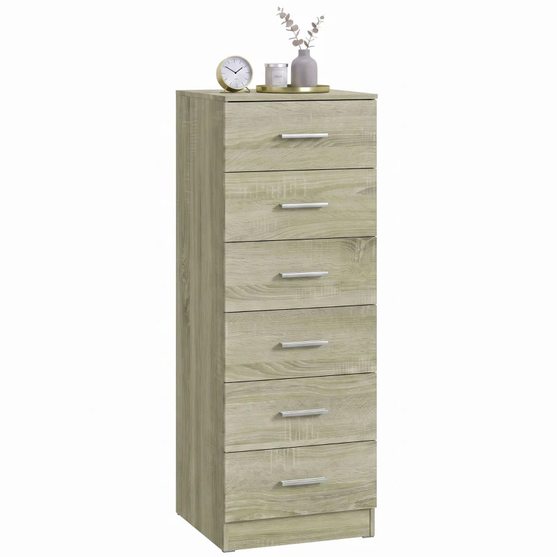 HOMCOM Comodă 6 sertare, corp de depozitare, stil modern, pentru dormitor, intrare, hol, 40x40x110cm, stejar