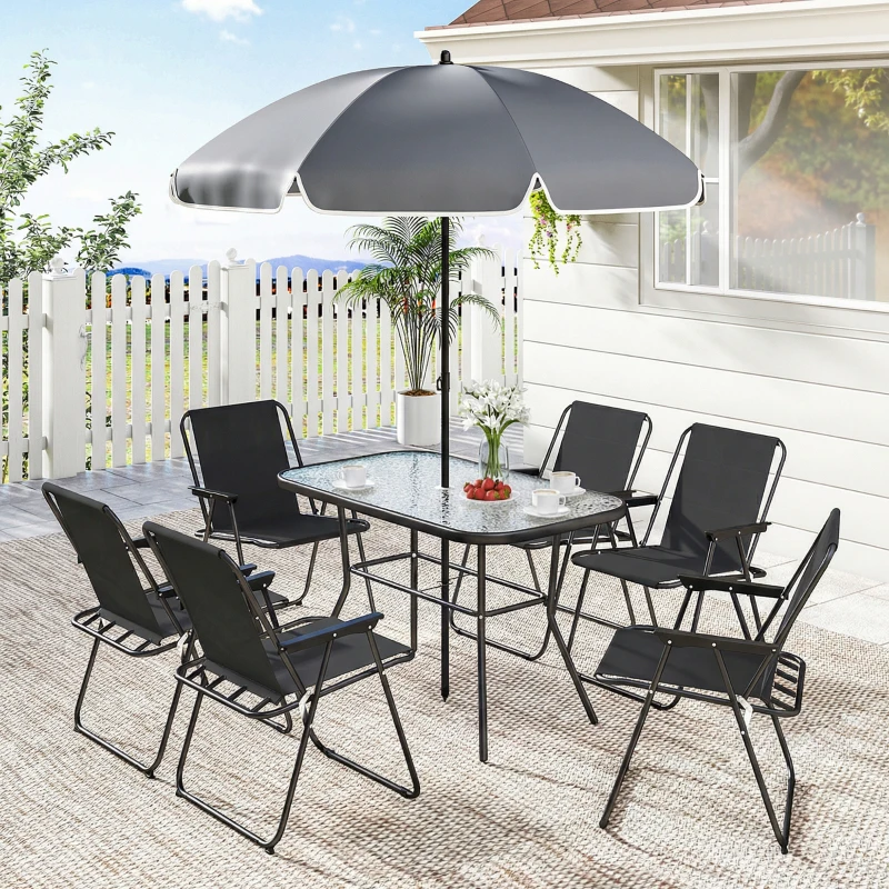 Outsunny Set da Giardino 8 pz con Ombrellone, 6 Sedie Pieghevoli e Tavolo da Esterno in Vetro Temperato, Nero