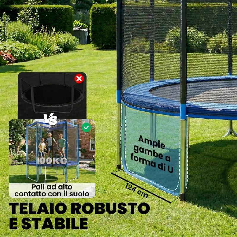 SPORTNOW Trampolino Elastico da Giardino Ø244x240 cm con Rete di Protezione e Scala, in Acciaio e PP, Blu