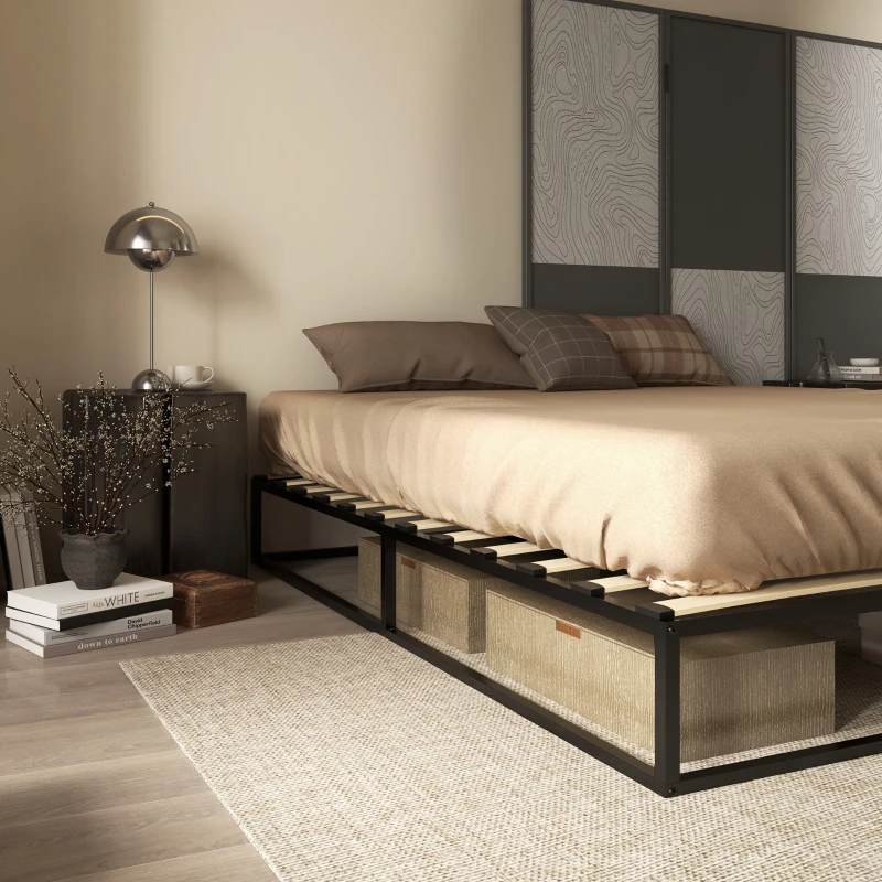 HOMCOM Marco de Cama de 180 cm Estructura de Cama de Acero con Somier de Listones de Madera Contrachapada 180x200x25 cm Negro