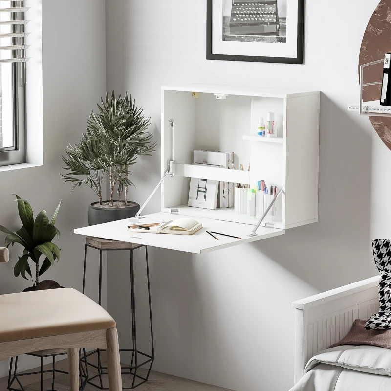 HOMCOM Scrivania a Muro Pieghevole e Salvaspazio con Ripiani, per Casa e Ufficio, in Truciolato e MDF, 60x21.5x50 cm, Bianco