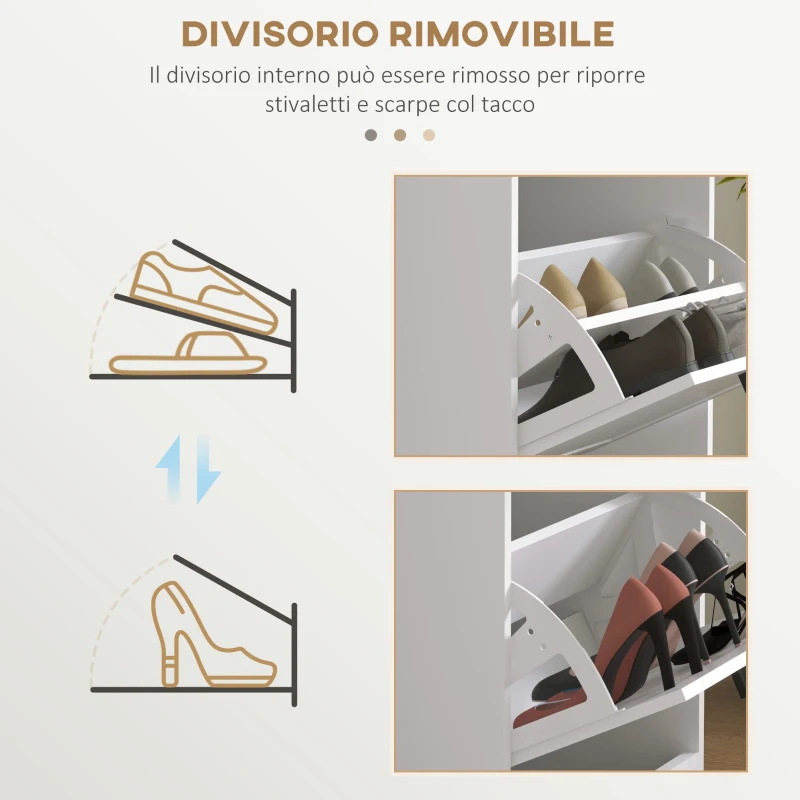 HOMCOM Scarpiera Moderna con 3 Cassetti Ribaltabili per 15 Paia di Scarpe e Ripiano Regolabile, 54x24x117.5cm, Bianco