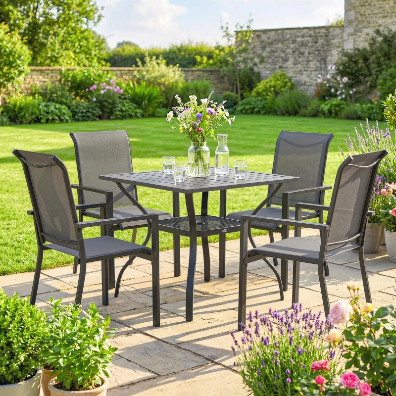 Outsunny Set da Giardino 5 pz in Acciaio con 4 Sedie Impilabili e Tavolo con Foro Centrale e Ripiano Inferiore, Grigio