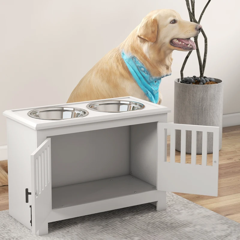 PawHut Comedero Perro Elevado con 2 Cuencos de Acero Inoxidable 2x2 L con Almacenamiento 37L y 2 Puertas con Pestillos Blanco