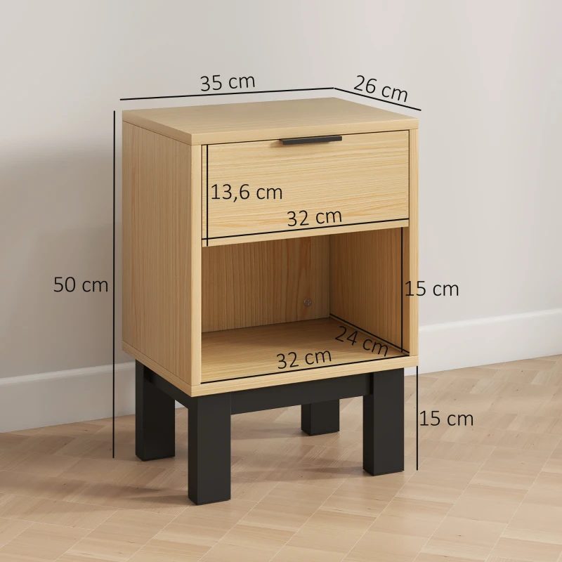 HOMCOM Juego de 2 Mesitas de Noche Estrechas Mesillas de Noche Modernas con Cajón Estante Abierto 35x26x50 cm Roble