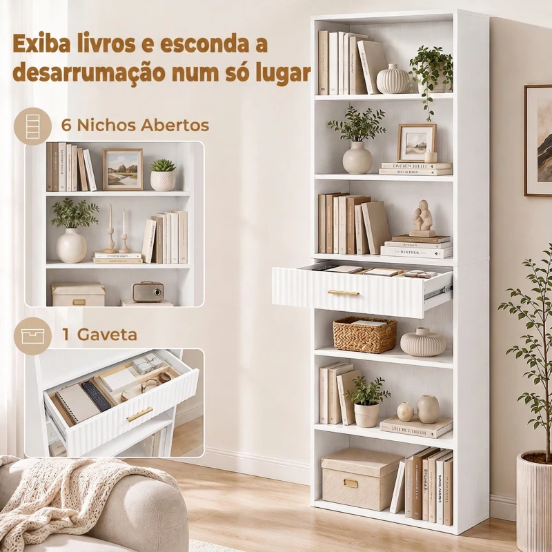 HOMCOM Estante para Livros Alta e Estreita, Estante de 7 Níveis com Gaveta, 6 Compartimentos Abertos, 60x24x182 cm, Branco