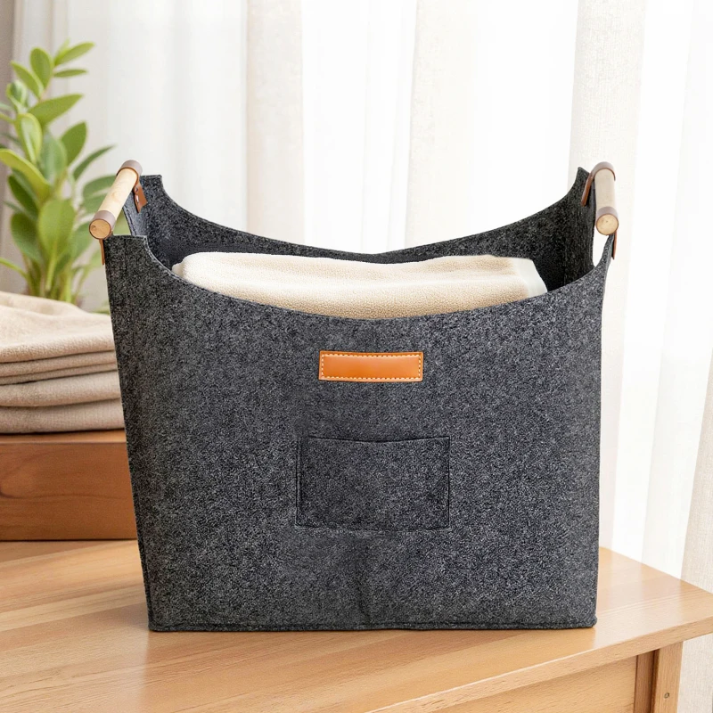 Outsunny Borsa in Feltro Portalegna da Interno con Manici in Legno, Capacità 15 kg, 45x32x40 cm, Grigio