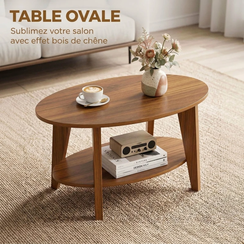 HOMCOM Table Basse Ovale à 2 Niveaux, Table de Salon Moderne avec Étagère Inférieure Ouverte, 80 x 50 x 45 cm, Chêne
