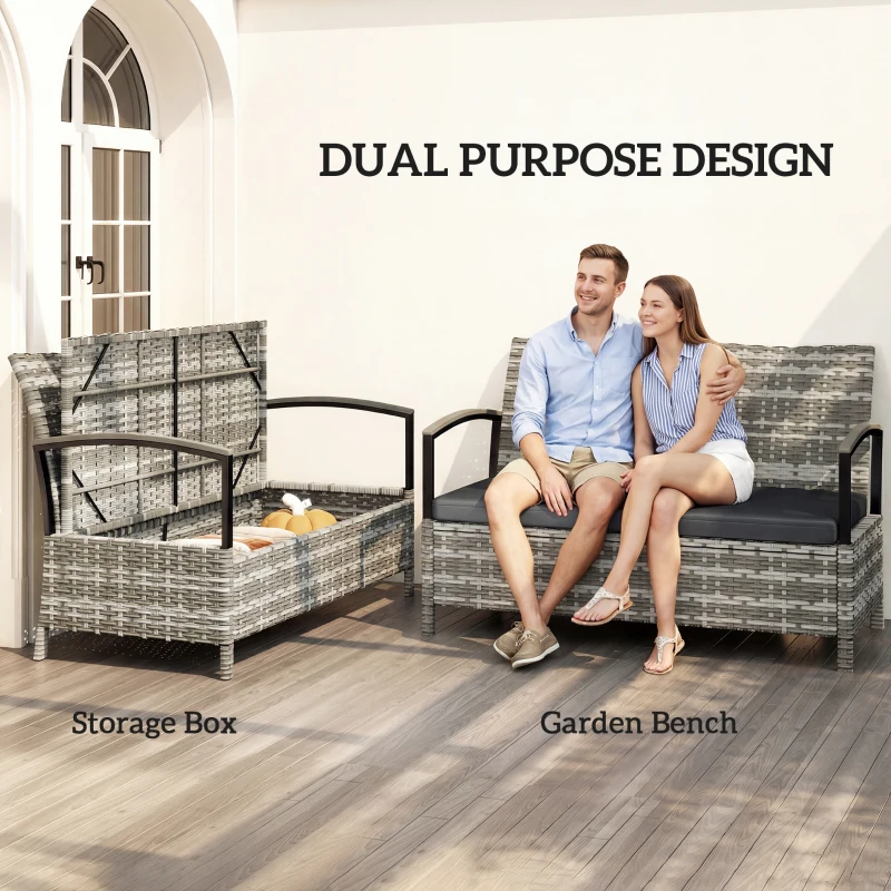 Outsunny 125L Garden Storage Bench, 2 Seater PE Rattan Outdoor Bench Storage Box with Padded Cushion, Dark Grey