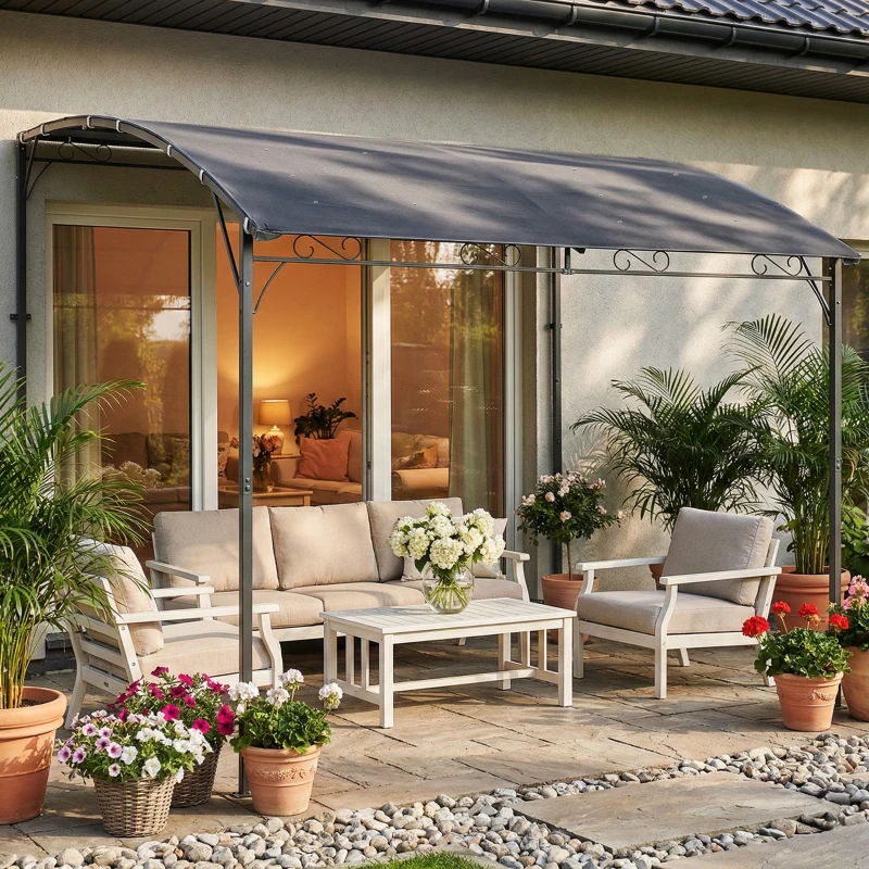 Outsunny Anbaupavillon Pergola mit Metallgestell Dach, wetterfest wandmontiert Pavillon Vordach 2,86 x 3,84 x 2,52 m Grau