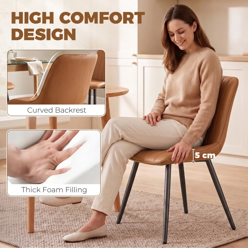 HOMCOM Faux Leather Upholstered Kitchen Chairs, Modern Dining Chairs Set of 2 with Metal Legs for Dining Room, Brown