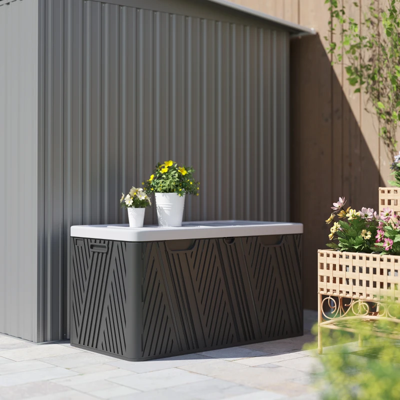 Outsunny Panca Contenitore 380L in HDPE con 2 Maniglie Laterali e Leva a Gas, 115x60x60 cm, Nero e Grigio