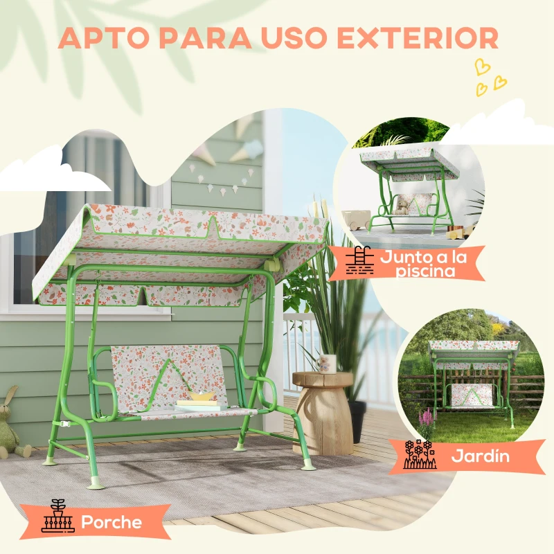 AIYAPLAY Columpio de Jardín Exterior para Niños de +3 Años con Toldo Ajustable Arnés de Seguridad 112x75x120 cm Verde