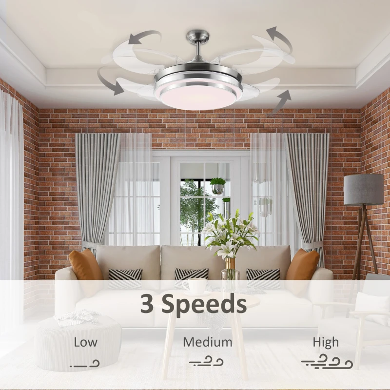 HOMCOM Indoor Ceiling Fan with Light, Retractable Blades, Modern Mount Dimmable LED Lighting Fan with Remote Controller, for Bedroom, Living Room