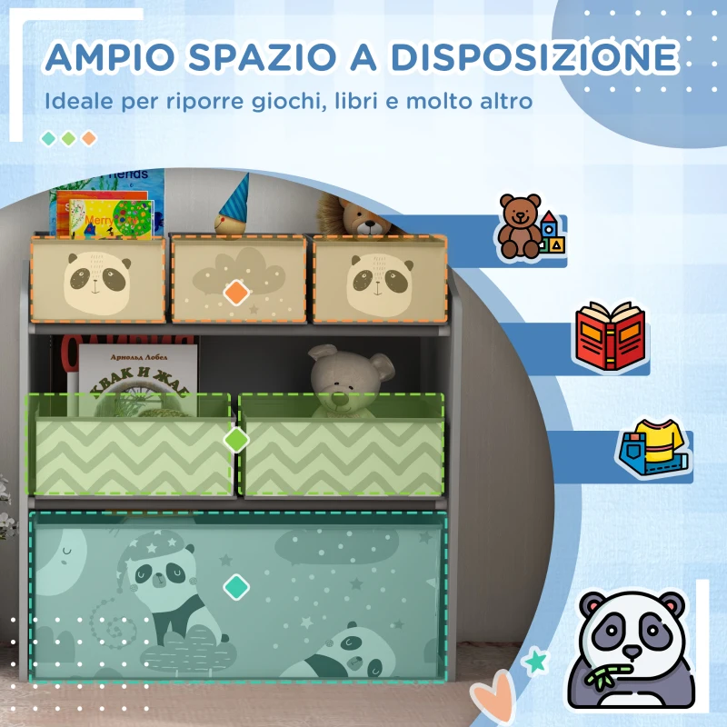ZONEKIZ Scaffale Portagiochi per Bambini con 6 Contenitori Rimovibili in Tessuto, 63x30x66 cm, Grigio