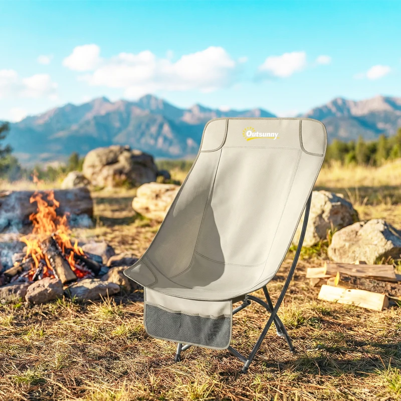 Outsunny Camping Chair for Adults Heavy Duty Folding Camp Chair with Side Pocket and Carry Bag Khaki