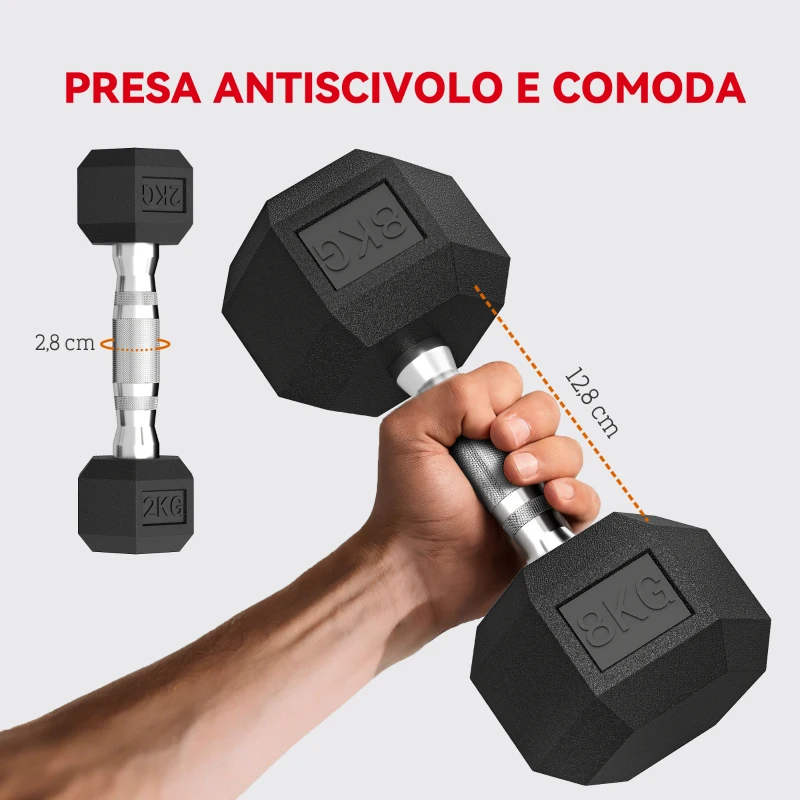 SPORTNOW Set di Manubri Palestra con Supporto in Metallo con Impugnatura Antiscivolo, 2x2kg, 2x5kg, 2x8kg, Nero