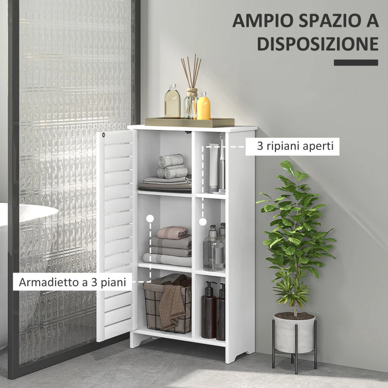 HOMCOM Mobile Bagno con Armadietto Chiuso a 3 Livelli e 3 Ripiani Aperti, in Legno Bianco, 48x24x96.5 cm
