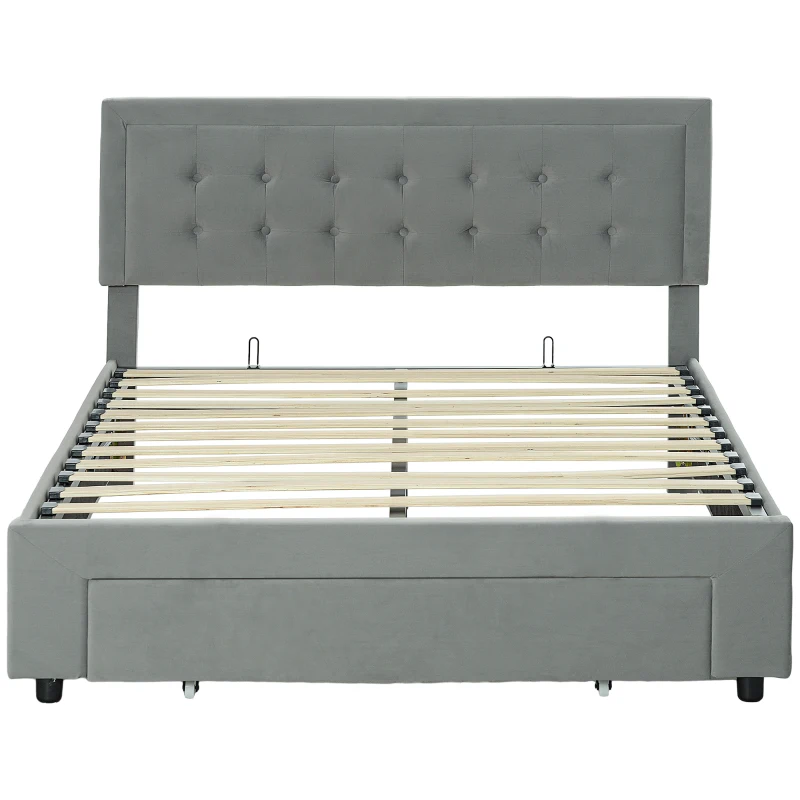 HOMCOM Cadre de lit double sommier coffre à vérins, tiroir à roulettes, tête de lit réglable capitonnée effet velours, gris