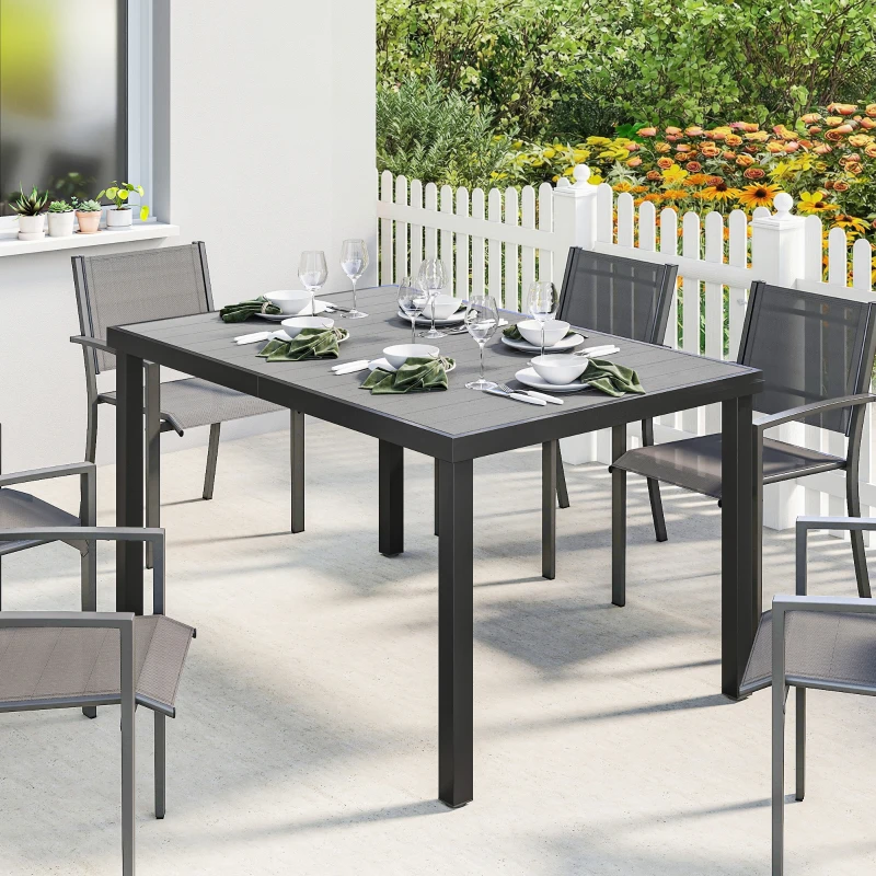 Outsunny Table de jardin pour 4 à 6 personnes, table à manger extérieure avec plateau à lattes, 140 x 90 x 74 cm, gris