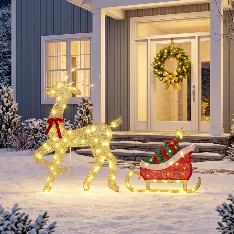 Outsunny Reno Navideño Iluminado con Trineo con 95 LED Blanco Cálido, 8 Modos de Iluminación y Temporizador, Oro