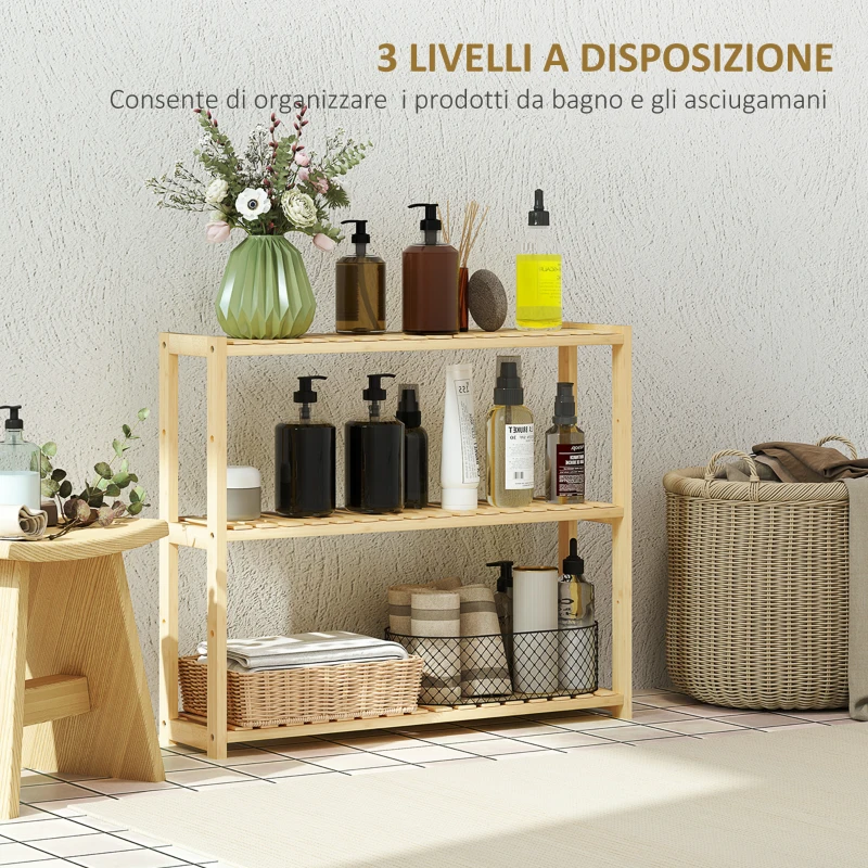 HOMCOM Scaffale per il Bagno a 3 Ripiani Regolabili in 5 Posizioni, in Bambù, 60x15x50 cm, color Legno