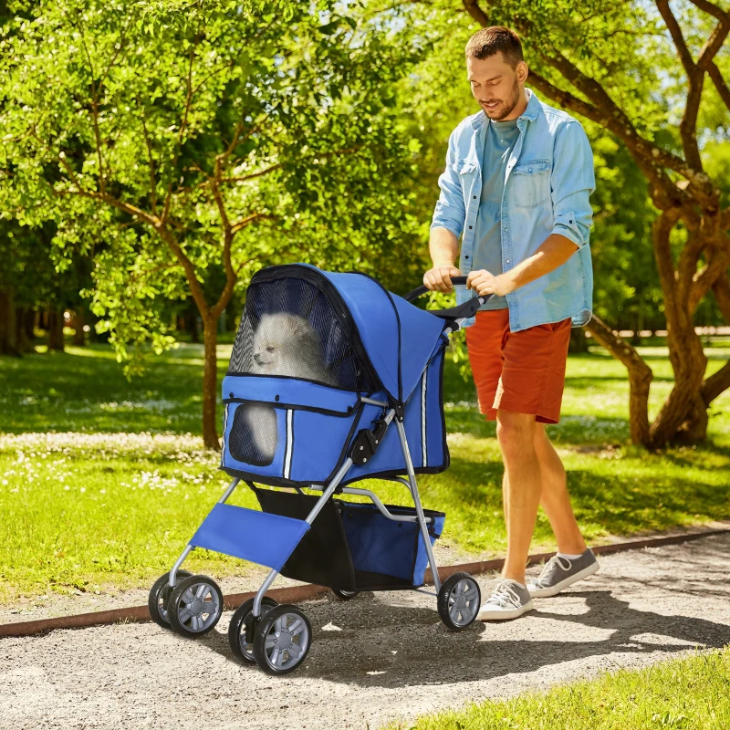 PawHut Carrito para Perros Pequeños con Toldo Ajustable Cesta de Almacenaje Portavasos y 2 Ruedas Universales 75x45x97 cm Azul