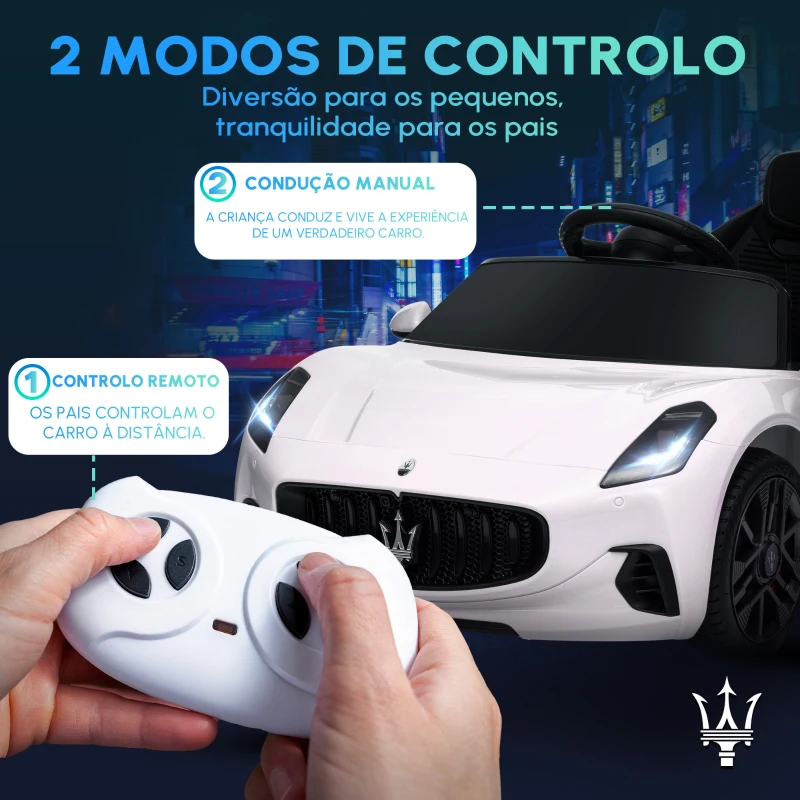 AIYAPLAY Carro Elétrico para Crianças Maserati Gran Turismo Folgore 12V Controlo Remoto Faróis Buzina e Música MP3 98x59x43 cm Branco