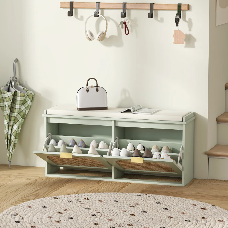 HOMCOM Boho Shoe Bench with Padded Seat and 2 Flip-Drawers - Light Green