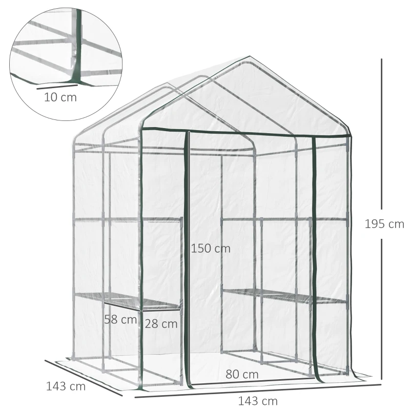 Outsunny Serre de jardin avec étagères 3 niveaux, serre de balcon, châssis en acier, porte zippée enroulable, pour légumes plantes fleurs, intérieur et extérieur, 143x143x195cm, transparent