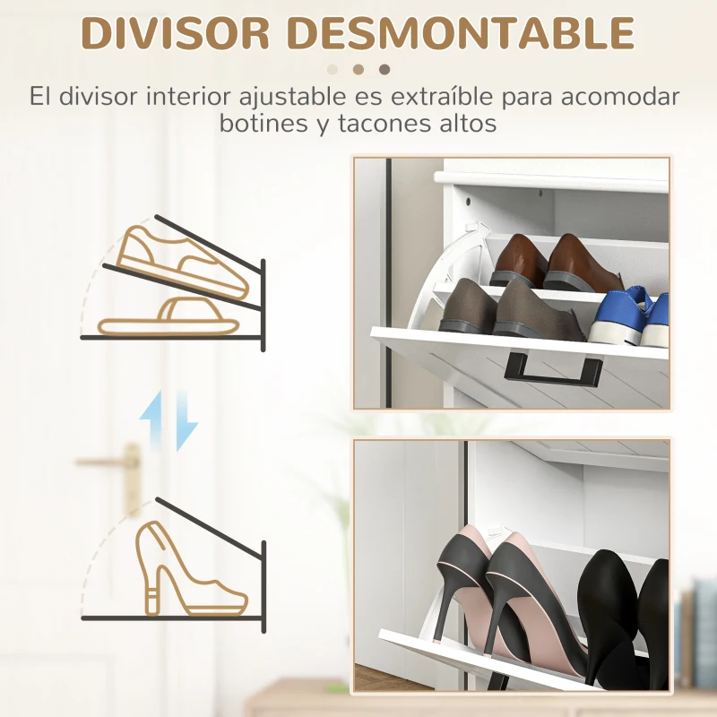 HOMCOM Zapatero Estrecho con 2 Cajones Abatibles Zapatero Entrada Recibidor con Estantes Ajustables para 10 Pares Blanco