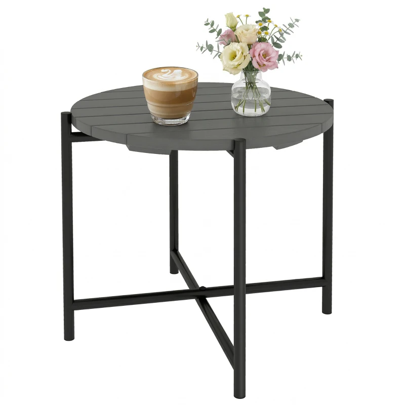 Outsunny 54 cm Round Outdoor Side Table, Industrial Small Garden Table with Slatted Wood Top and Metal Frame, Dark Grey