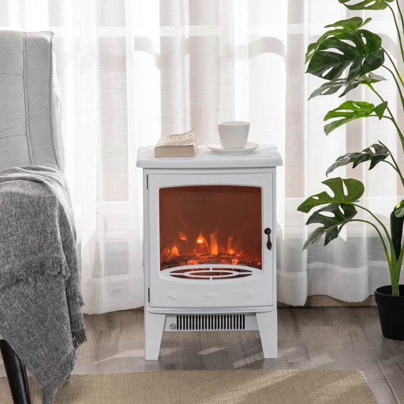HOMCOM Camino Elettrico da Terra con Effetto Fiamma, Temperatura Regolabile 900W-1800W, Protezione da Surriscaldamento, Copertura 15-20m², 39x26x54.8cm, Bianco