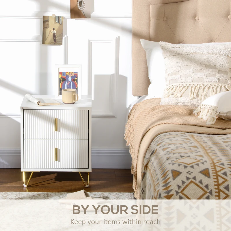 Set of 2 Elegant Fluted Bedside Table - White/Gold-Tone