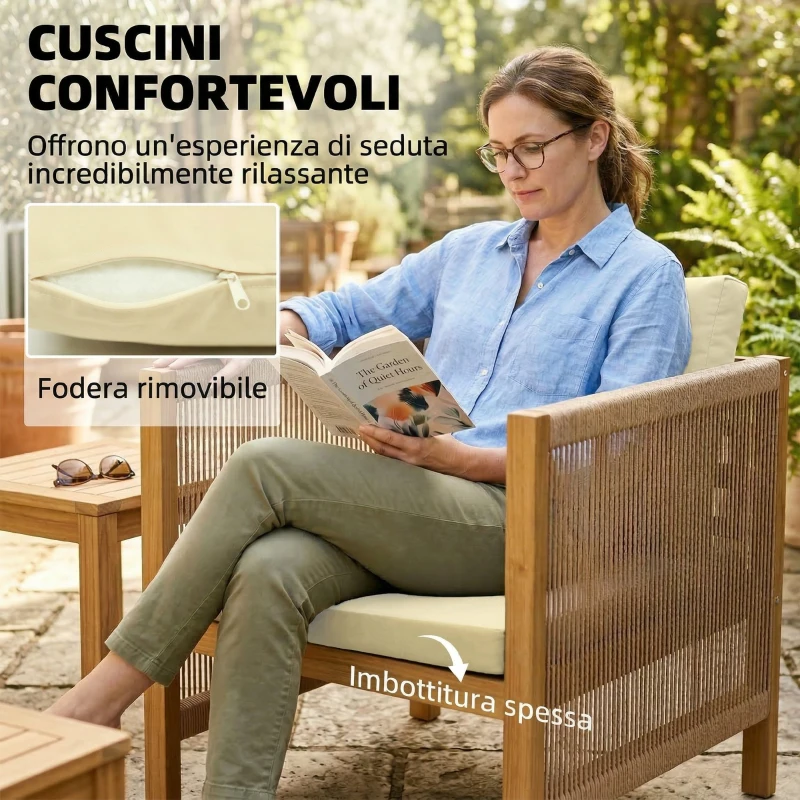 Outsunny Salotto da Giardino 4pz con Divanetto 2 Posti, 2 Poltrone e Tavolino a Doghe in Legno di Acacia Beige