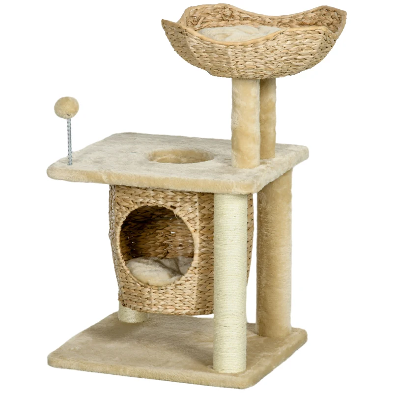 PawHut Arbre à chats griffoir sisal naturel 1 niche panier pompon peluche jacinthe d'eau 45 x 40 x 74 cm beige