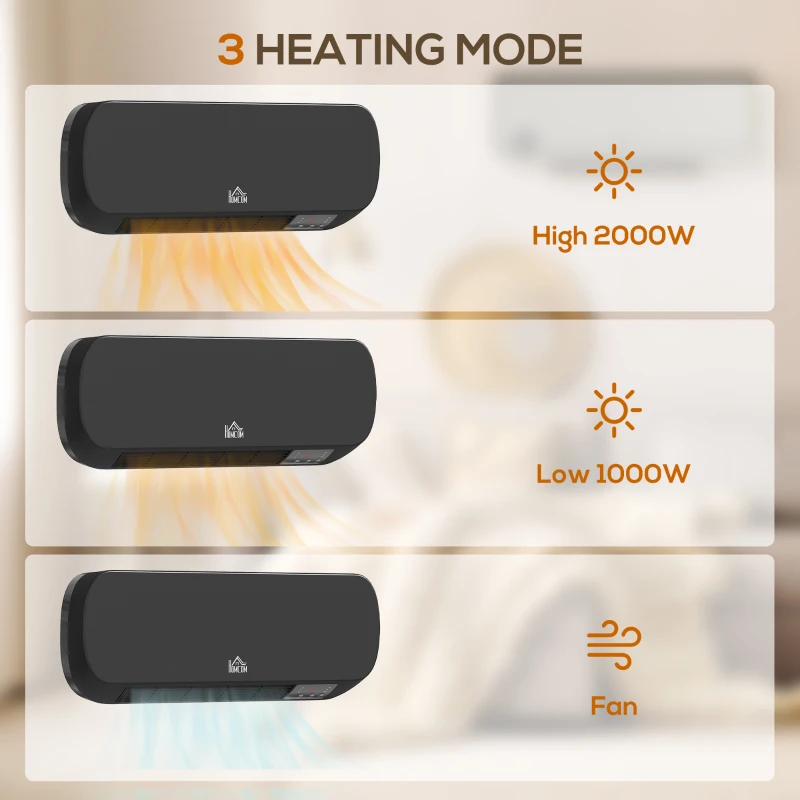 HOMCOM 2000W Wall Mounted Ceramic Space Heater, 10-49°C Temperature, Black