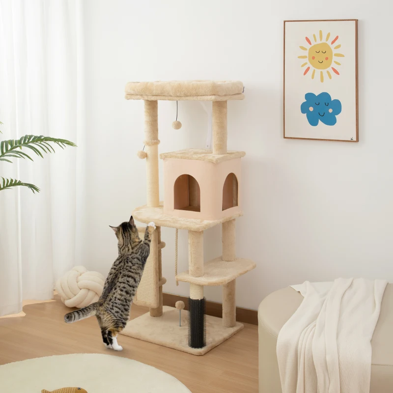 PawHut 132cm Cat Tree w/ Scratching Posts, Pad, Cat Bed, Cat House, Jumping Platform, Grooming Brush, Anti-Tip Kit, Beige