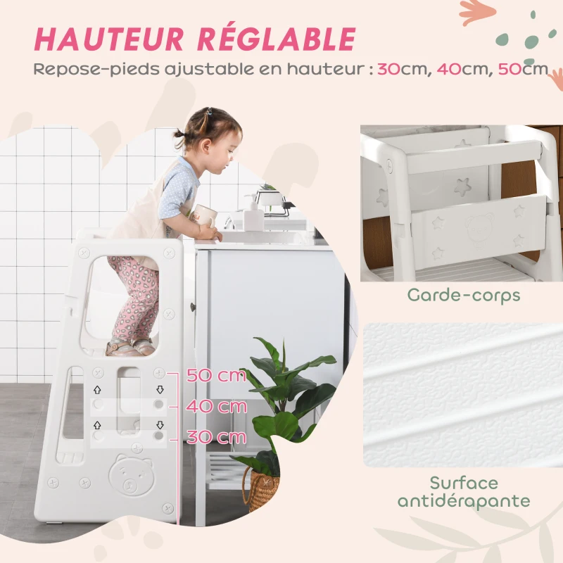 HOMCOM Tour d'apprentissage Tour d'observation Montessori pour Enfants de 18 Mois à 5 Ans Hauteur réglable sur 3 Niveaux en HDPE Charge max. 65 kg 47 x 47 x 90 cm blanc