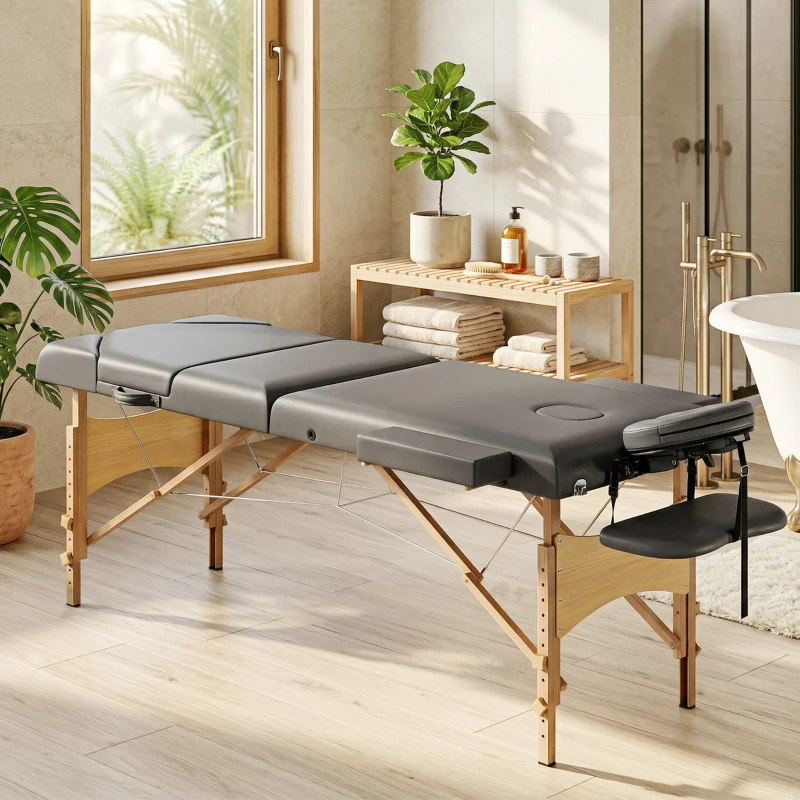 HOMCOM Table de massage pliante, lit de massage 3 zones portable 185 x 60 cm, hauteur et dossier réglables, appui-tête, gris