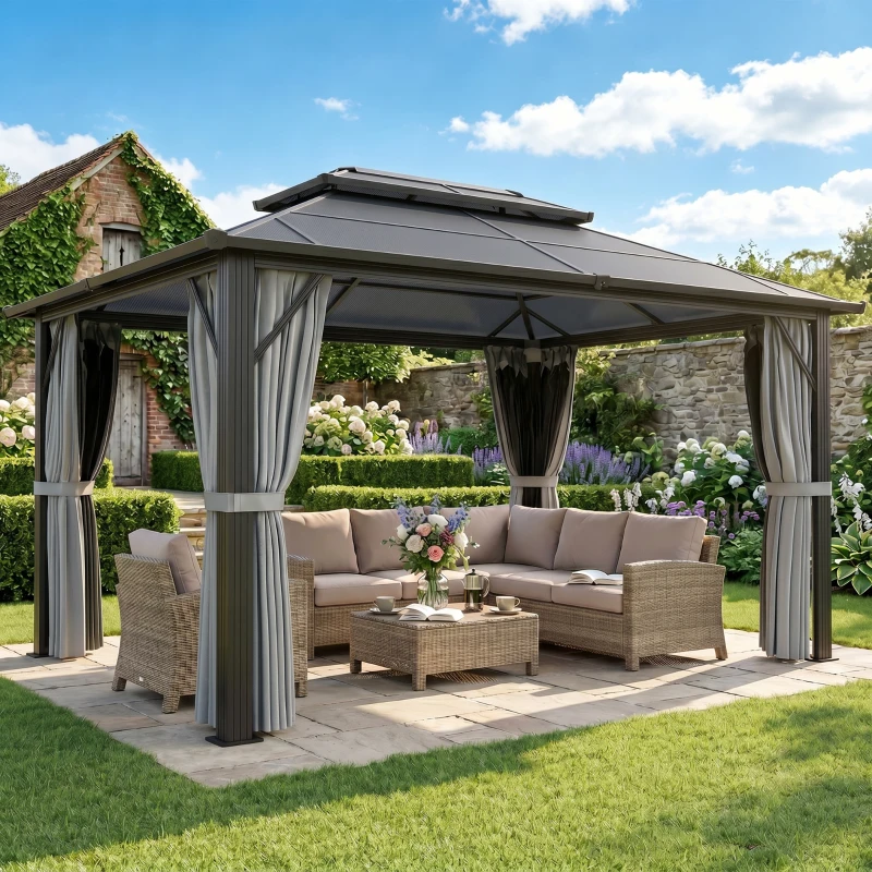 Outsunny 3 x 4m Hardtop Gazebo Canopy with UPF30+ Double Polycarbonate Roof, Aluminium Frame Garden Gazebo Permanent Pavilion with Mosquito Netting and Curtains for Patio, Deck, Grey